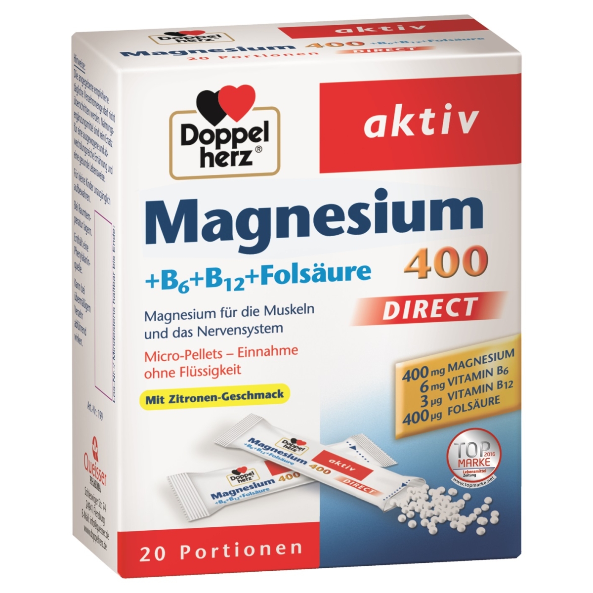 DOPPELHERZ MAGNESIUM 400 DIRECT, 20 paketėlių