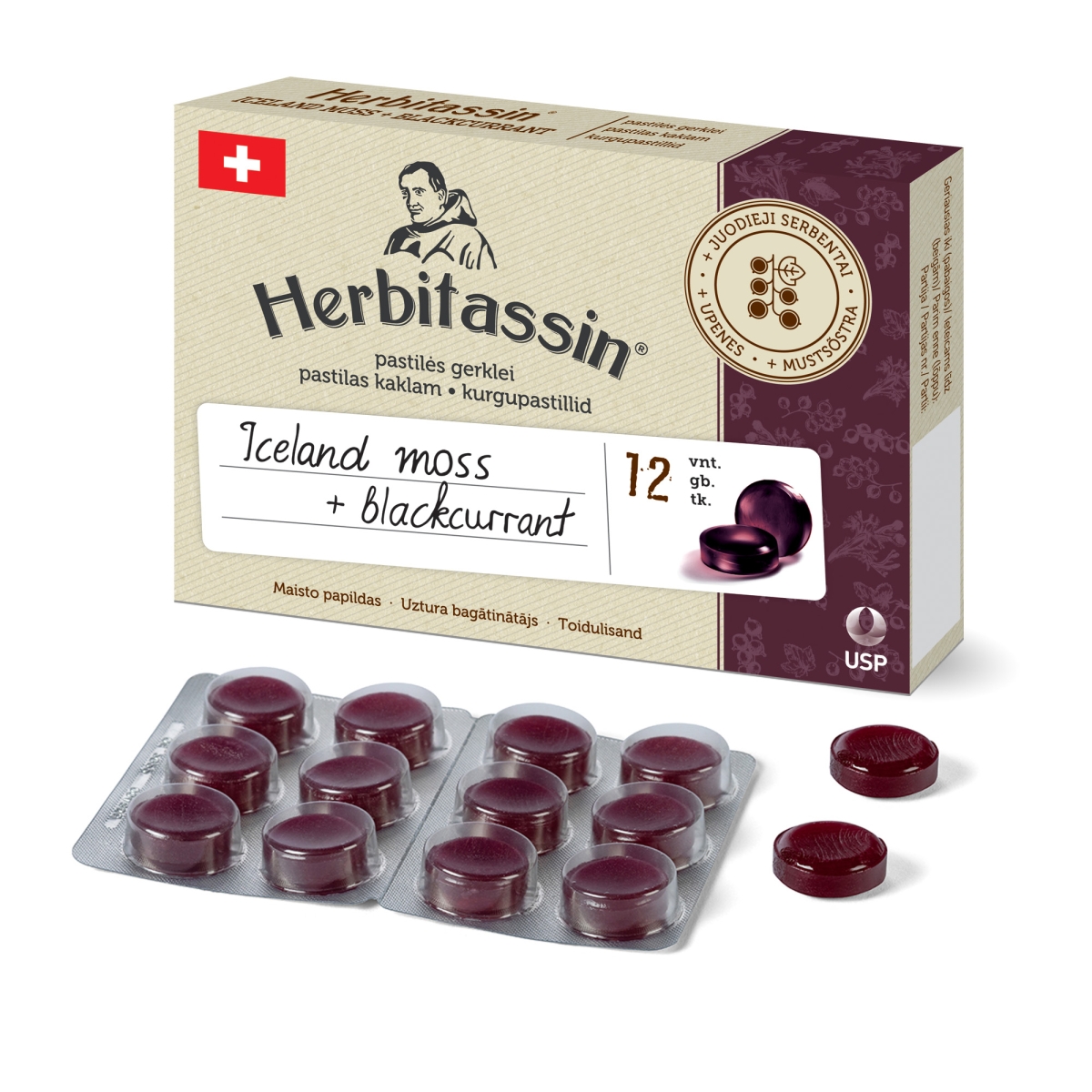 Herbitassin Iceland moss + blackcurrant, 12 pastilių - 