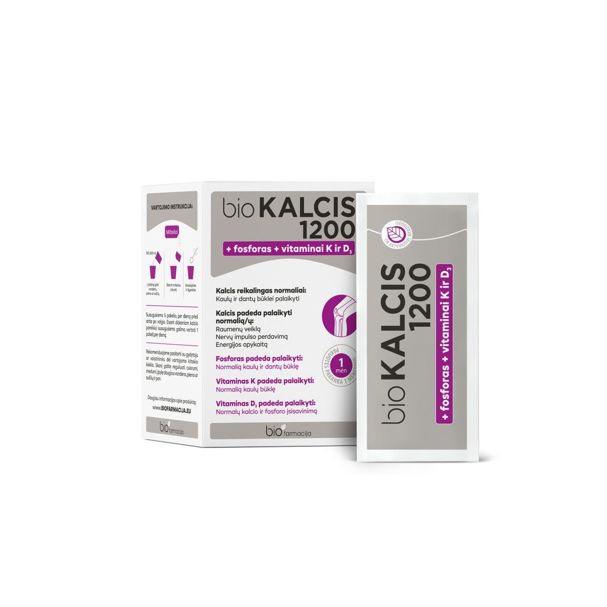 bioKALCIS 1200 mg + FOSFORAS + VITAMINAI K ir D, milteliai, N15 - 