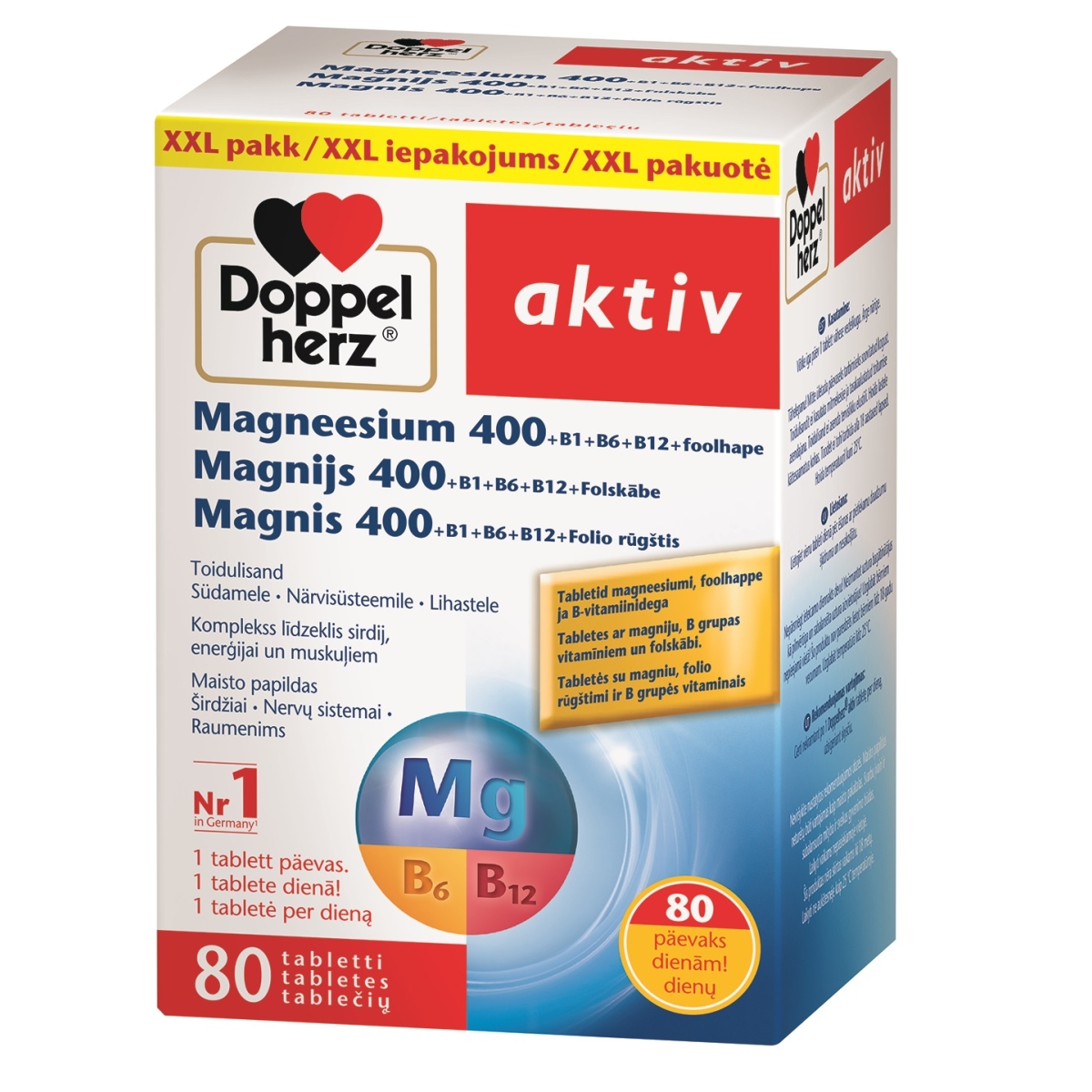 DOPPELHERZ AKTIV Magnis 400+ B1 + B6 + B12+Folio rūgštis, 80 tablečių